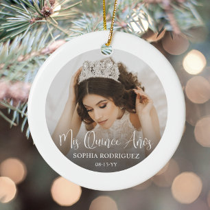 Mis Quince Años White Script Quinceañera 2 Photo Ceramic Tree Decoration