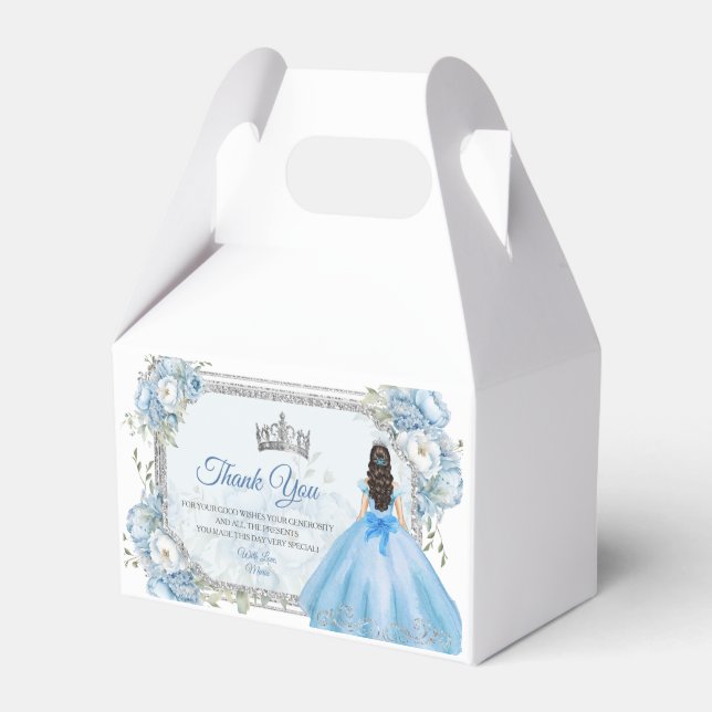 Mis Quince Blue Floral Silver Crown Quinceañera Favour Box (Front Side)