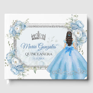 Mis Quince Blue Floral Silver Crown Quinceañera Guest Book