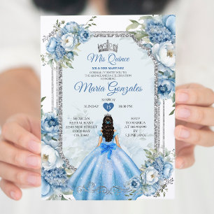Mis Quince Blue Floral Silver Crown Quinceañera Invitation
