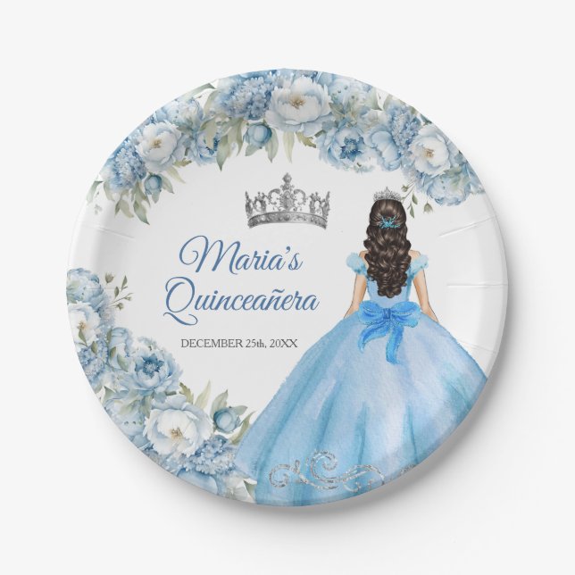 Mis Quince Blue Floral Silver Crown Quinceañera Paper Plate (Front)