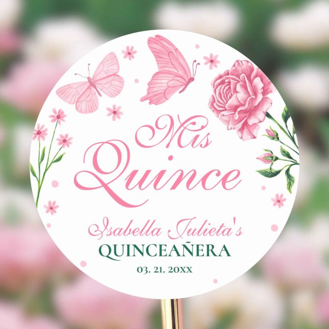 Mis Quince Blush Pink Floral Quinceañera Classic Round Sticker (Mis Quince Blush Pink Floral Quinceañera Classic Round Sticker)