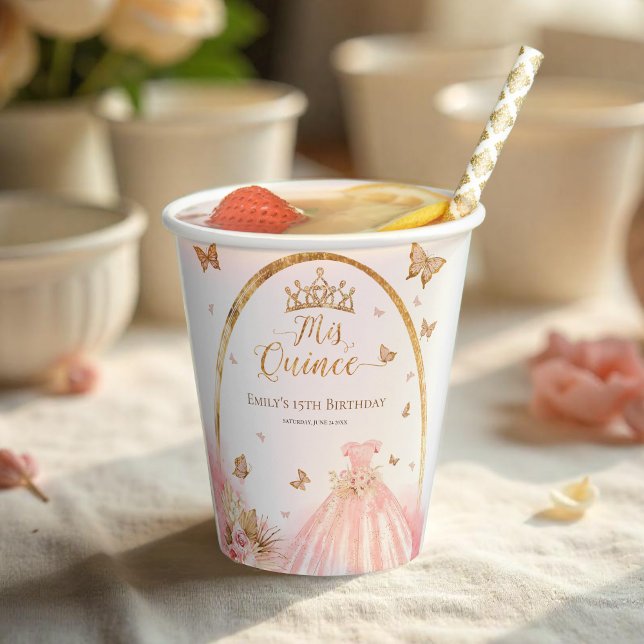  Mis Quince Boho Floral Blush Pink Quinceanera Paper Cups (Creator Uploaded)