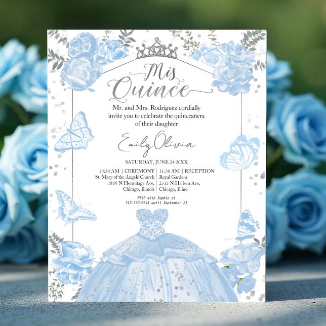 Mis Quince Budget Invitation Bilingual Dusty Blue (Creator Uploaded)