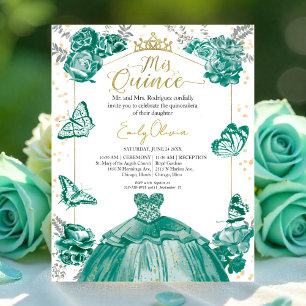 Mis Quince Budget Invitation Emerald Green Dress