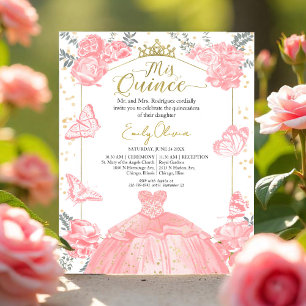 Mis Quince Budget Invitation Pink Dress Floral