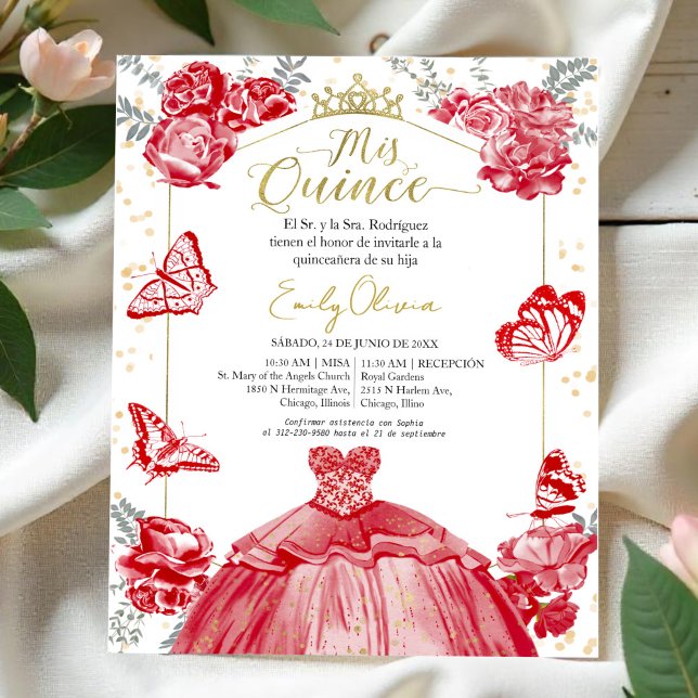 Mis quince Budget Invitation Spanish Red Floral (Creator Uploaded)