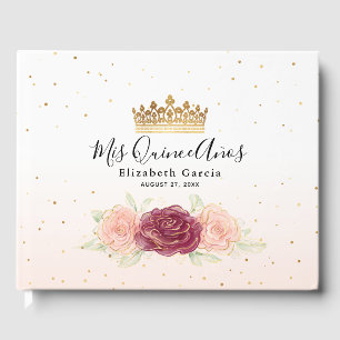 Mis Quince Burgundy Blush Gold Floral Quinceanera Guest Book