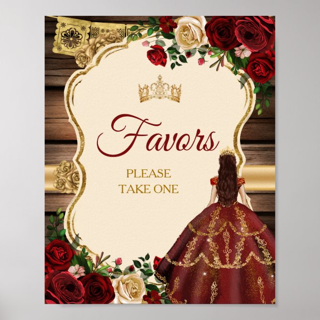 Mis Quince Burgundy Floral Rustic Favours Poster (Front)