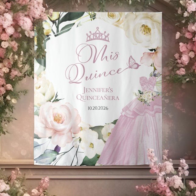 Mis Quince | Dress Floral Quinceañera Backdrops Tapestry (Creator Uploaded)