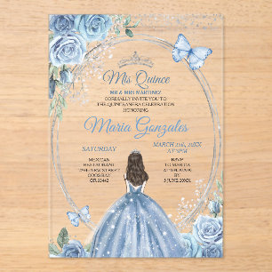 Mis Quince Dusty Blue & Silver Floral Quinceañera Acrylic Invitations