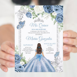 Mis Quince Dusty Blue & Silver Floral Quinceañera Invitation