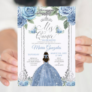 Mis Quince Dusty Blue & Silver Floral Quinceañera Invitation