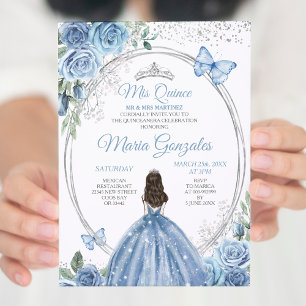 Mis Quince Dusty Blue & Silver Floral Quinceañera Invitation