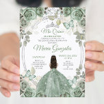 Mis Quince Dusty Green & Silver Floral Quinceañera Invitation<br><div class="desc">Dusty Green & Silver Floral Quinceañera Invitation
Mis Quince Anos,  15th Birthday, </div>