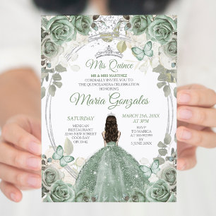 Mis Quince Dusty Green & Silver Floral Quinceañera Invitation