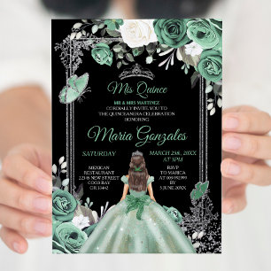Mis Quince Dusty Green & Silver Floral Quinceanera Invitation