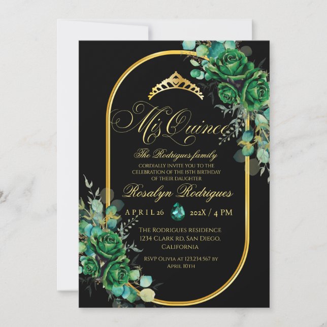 Mis Quince Emerald Green flowers 15th Birthday  Invitation (Front)
