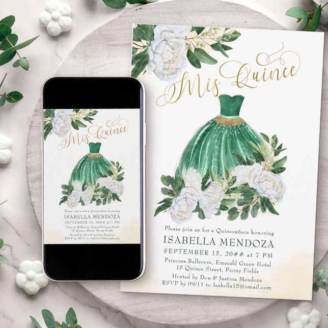 Mis Quince Emerald Green White Peony Quinceanera Invitation (Mis Quince Princess Ball Gown Invitation from my Emerald Greenery and White Peony Collection)