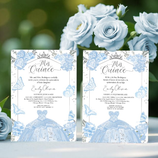 Mis Quince Invitation Bilingual Dusty Blue Dress (Creator Uploaded)
