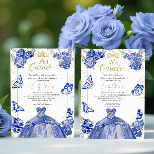 Mis Quince Invitation Bilingual Royal Blue Dress
