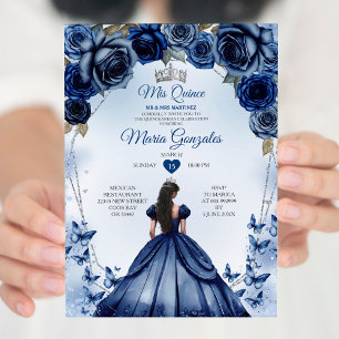 Mis Quince Navy Blue Floral Crown Quinceañera Invitation