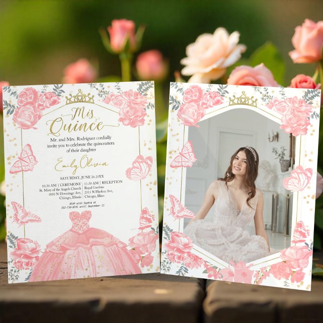Mis Quince Photo Budget Invitation Pink Floral (Creator Uploaded)