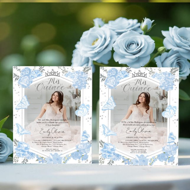 Mis Quince Photo Invitation Bilingual Dusty Blue (Creator Uploaded)