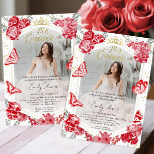 Mis Quince Photo Invitation Bilingual Red Floral