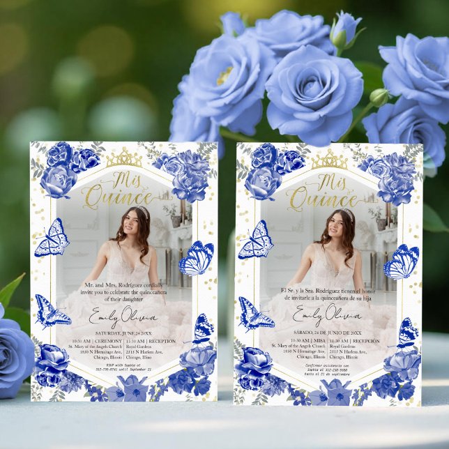 Mis Quince Photo Invitation Bilingual Royal Blue (Creator Uploaded)