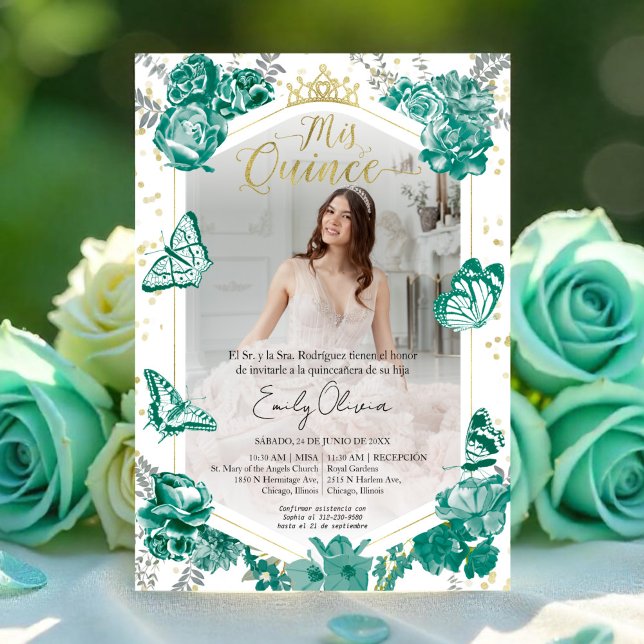 Mis Quince Photo Invitation Spanish Emerald Green (Creator Uploaded)