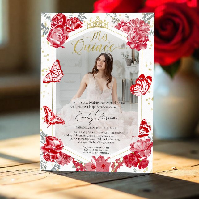 Mis Quince Photo Invitation Spanish Red Floral (Creator Uploaded)