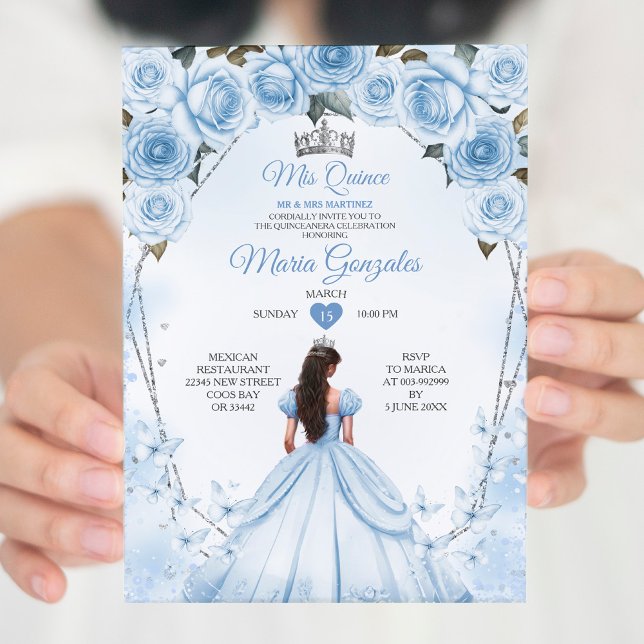 Mis Quince Powder Blue Floral Crown Quinceañera Invitation (Creator Uploaded)