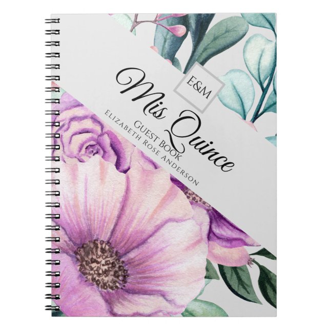 Mis QUINCE Purple Floral Quinceanera GUESTBOOK NEW Notebook (Front)