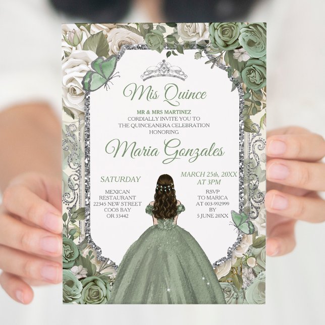 Mis Quince Sage Green & Silver Floral Quinceañera Invitation (Creator Uploaded)