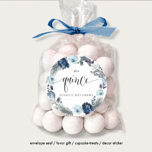 Mis Quince, Spanish, Wreath Blue Floral Classic Round Sticker