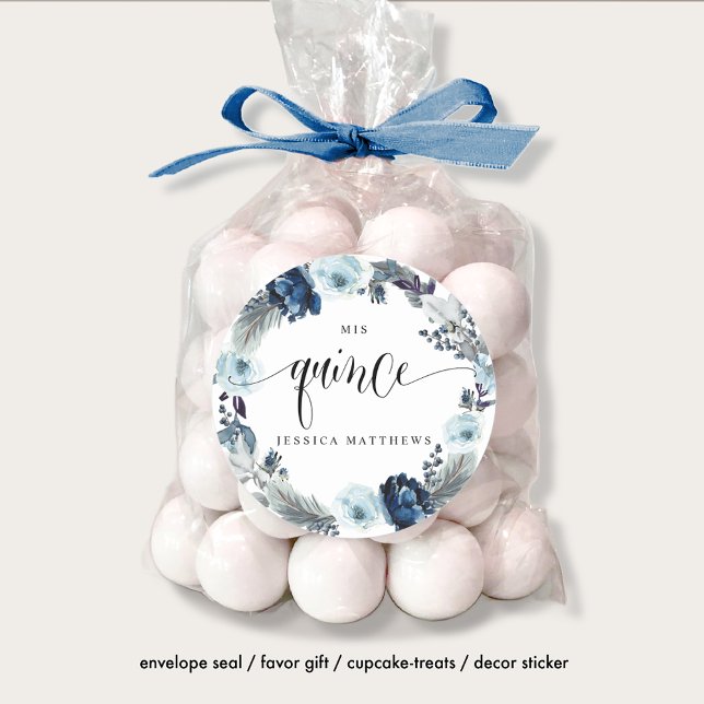 Mis Quince, Spanish, Wreath Blue Floral Classic Round Sticker (Creator Uploaded)