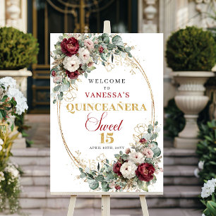 Mis Quince Welcome Sign Boho Burgundy Floral Gold 