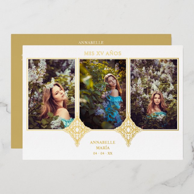 Mis XV Años Español 3 Fotos Efecto Encaje Dorado (Front/Back)