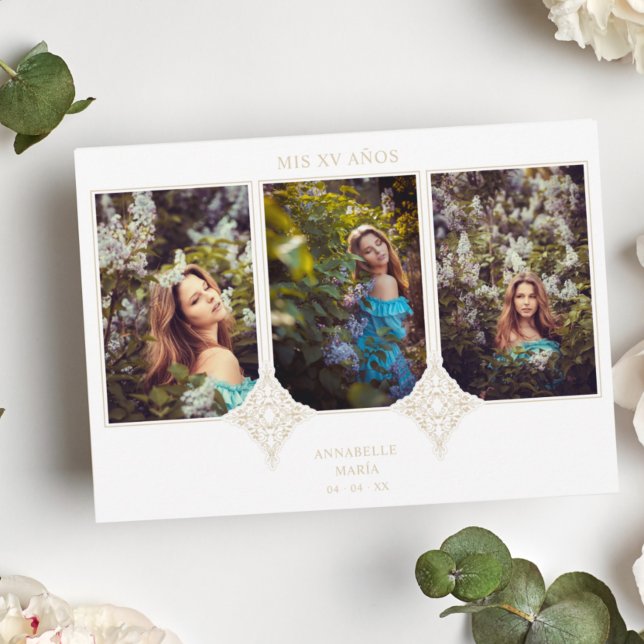 Mis XV Años Español 3 Fotos Efecto Encaje Dorado Invitation (Creator Uploaded)