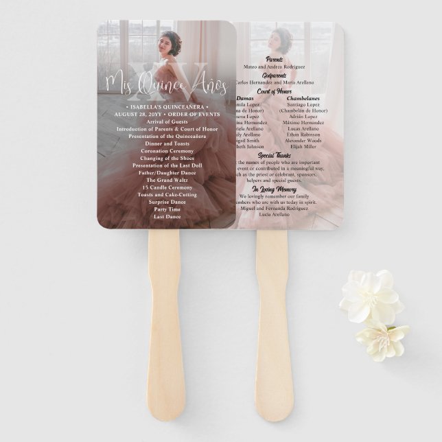 Mis XV Años Modern 2 Photo Quinceañera Program Hand Fan (Front and Back)