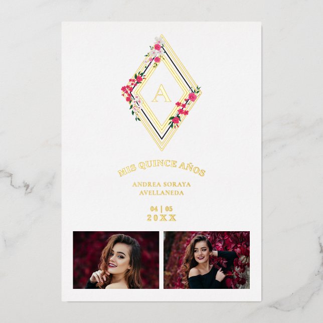 Mis XV Initial 2 Photos Gold Effect Floral Diamond (Front)