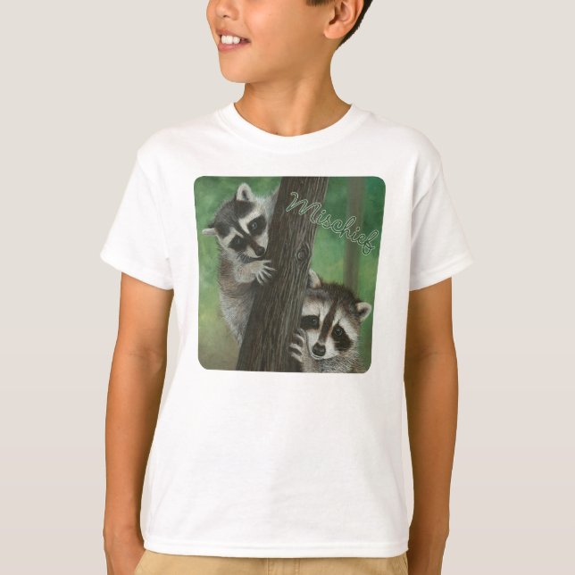 Mischief Racoon up a Tree shirt (Front)