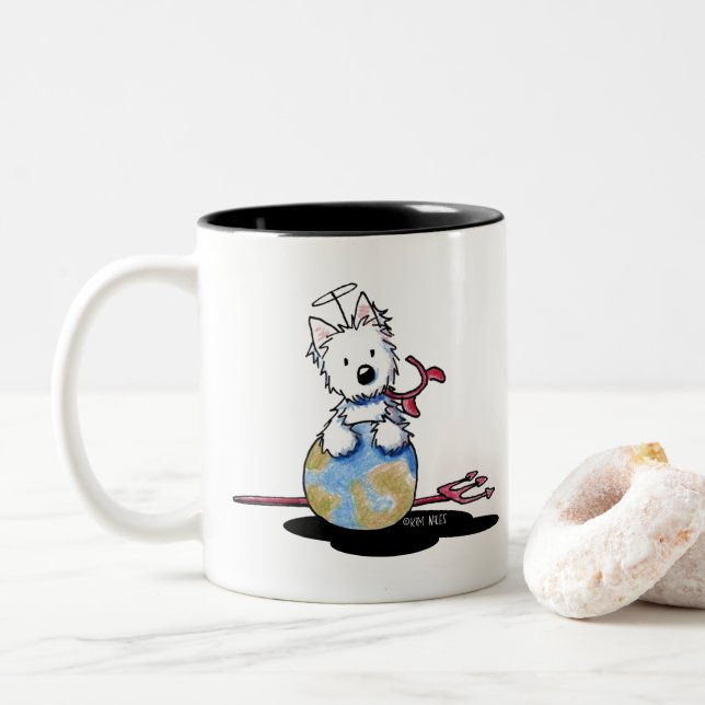 Mischief Westie Dog  Two-Tone Coffee Mug (With Donut)