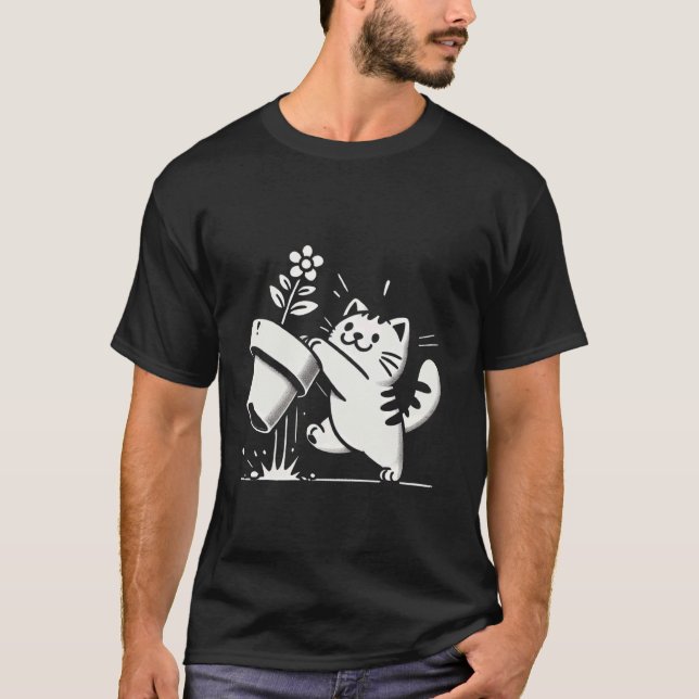 Mischievous Cat Knocks Over Pot Funny Halloween T-Shirt (Front)