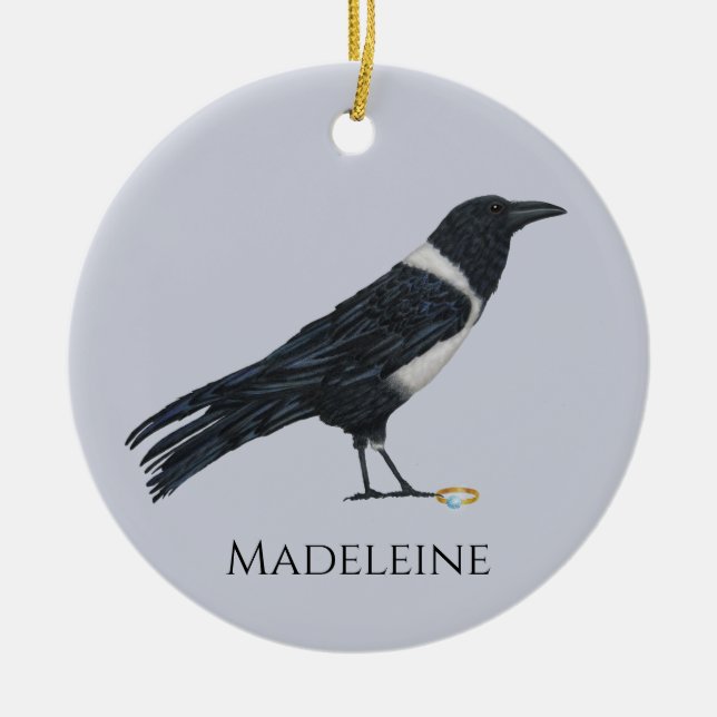 Mischievous Crow and Ring  Ceramic Tree Decoration (Front)