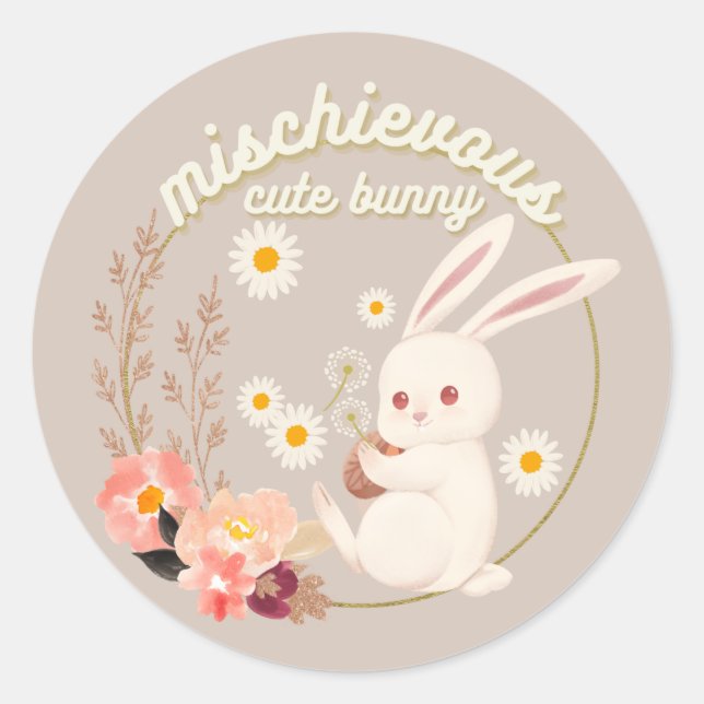 Mischievous Cute Bunny Classic Round Sticker (Front)