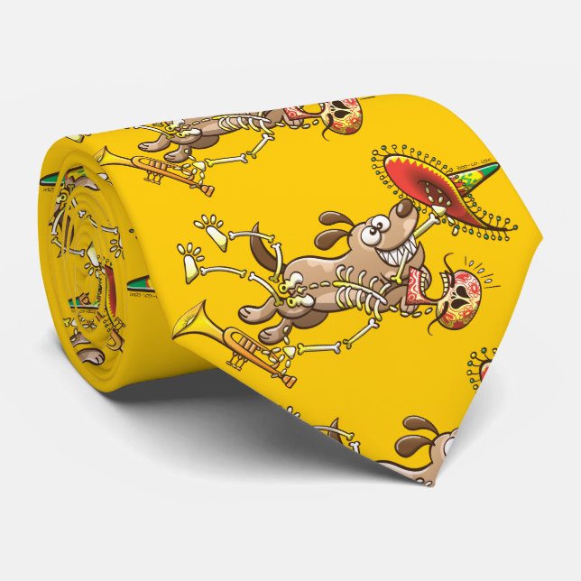 Mischievous dog stealing a Mexican skeleton Tie (Rolled)