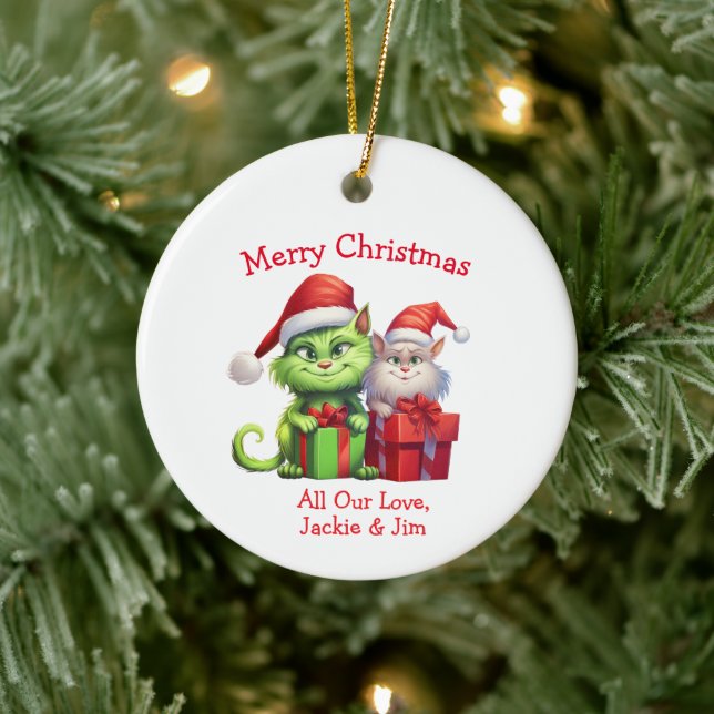 Mischievous Green Christmas Cats Ceramic Tree Decoration (Tree)