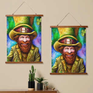 Mischievous Green Leprechaun with Clover Hanging Tapestry